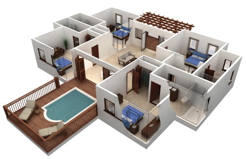 Isometric View 4 A 4 Room House | Joy Studio Design 