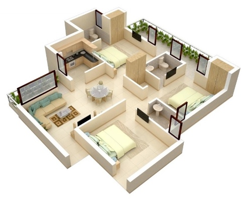 Contoh denah 3D rumah 3 kamar tidur