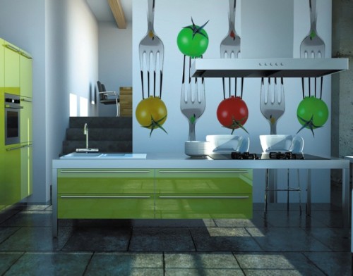Dapur ceria dengan wall mural sayuran dan peralatan makan (Topdreamer)