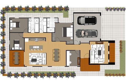 Denah rumah minimalis 1 lantai bergaya Asia dengan 4 kamar tidur