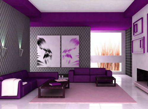 Desain ruang tamu dengan furniture ungu (7kkdesign)