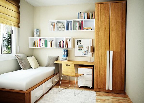 Kamar tidur mungil dengan furniture fungsional