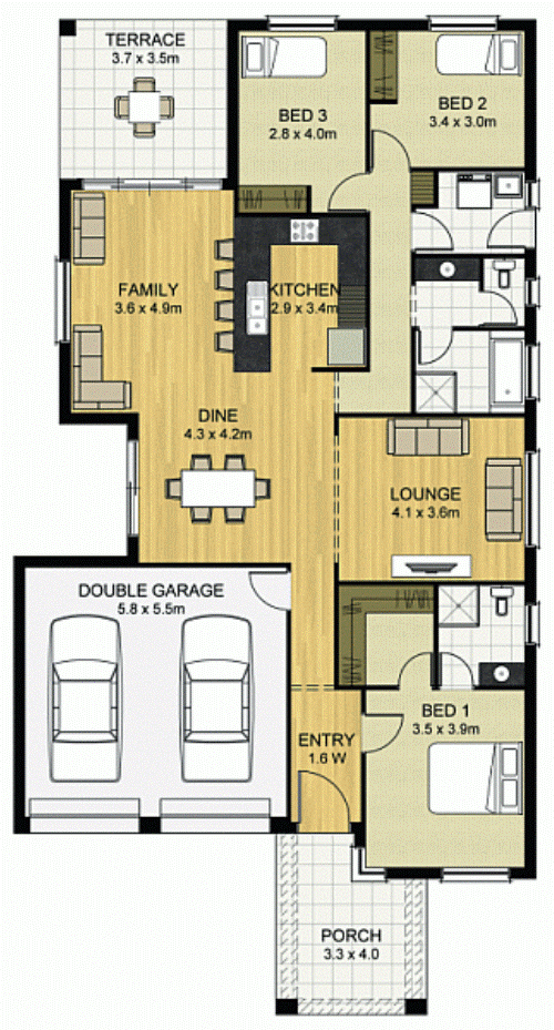 Pembagian ruang di rumah 3 kamar tidur dan 2 garasi