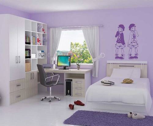 kamar tidur anak perempuan dengan kombinasi warna ungu lembut